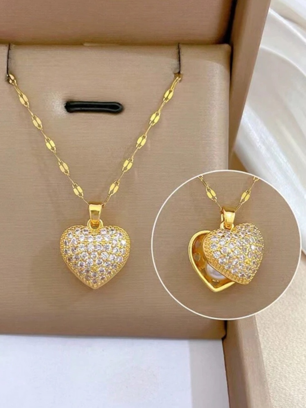 Gold Heart Locket Necklace with Crystal Pavé - Women Jewelry